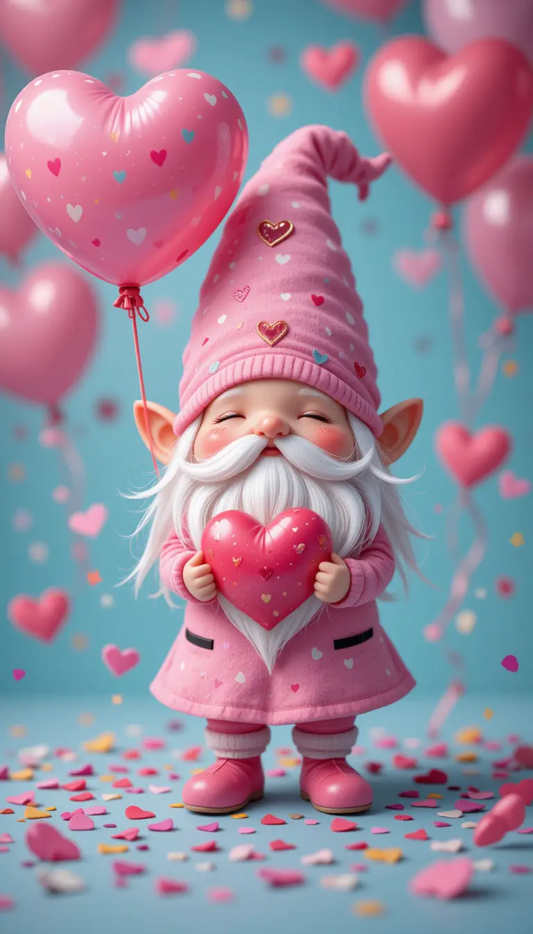 Cute gnome holding a heart balloon with confetti