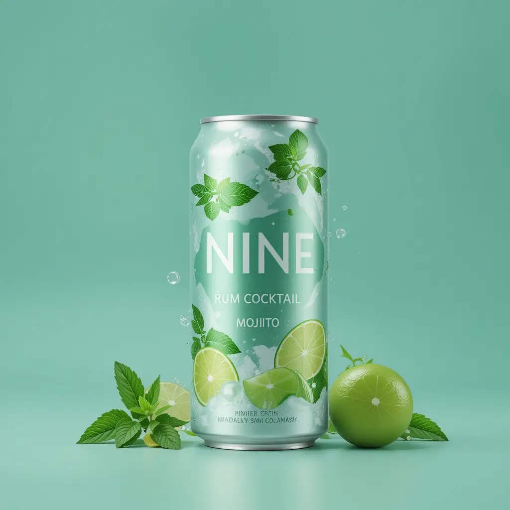 Mojito rum cocktail can design with soft teal accents