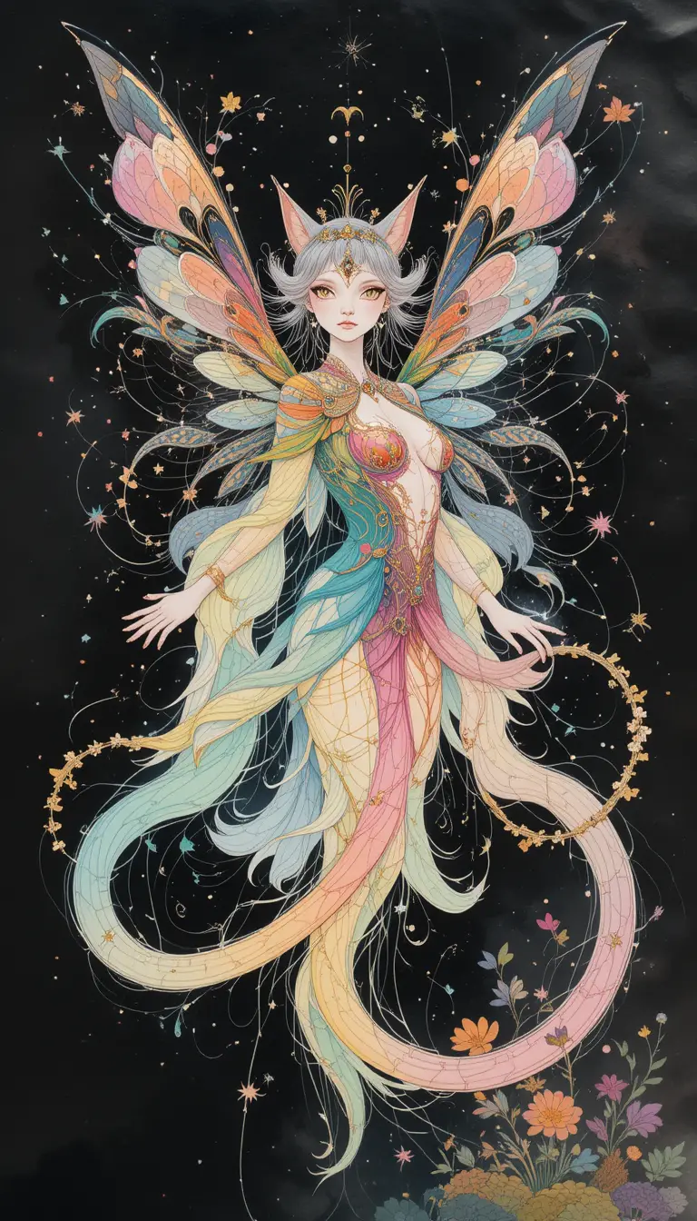 Majestic fantasy cat fairy in serene ink wash colors