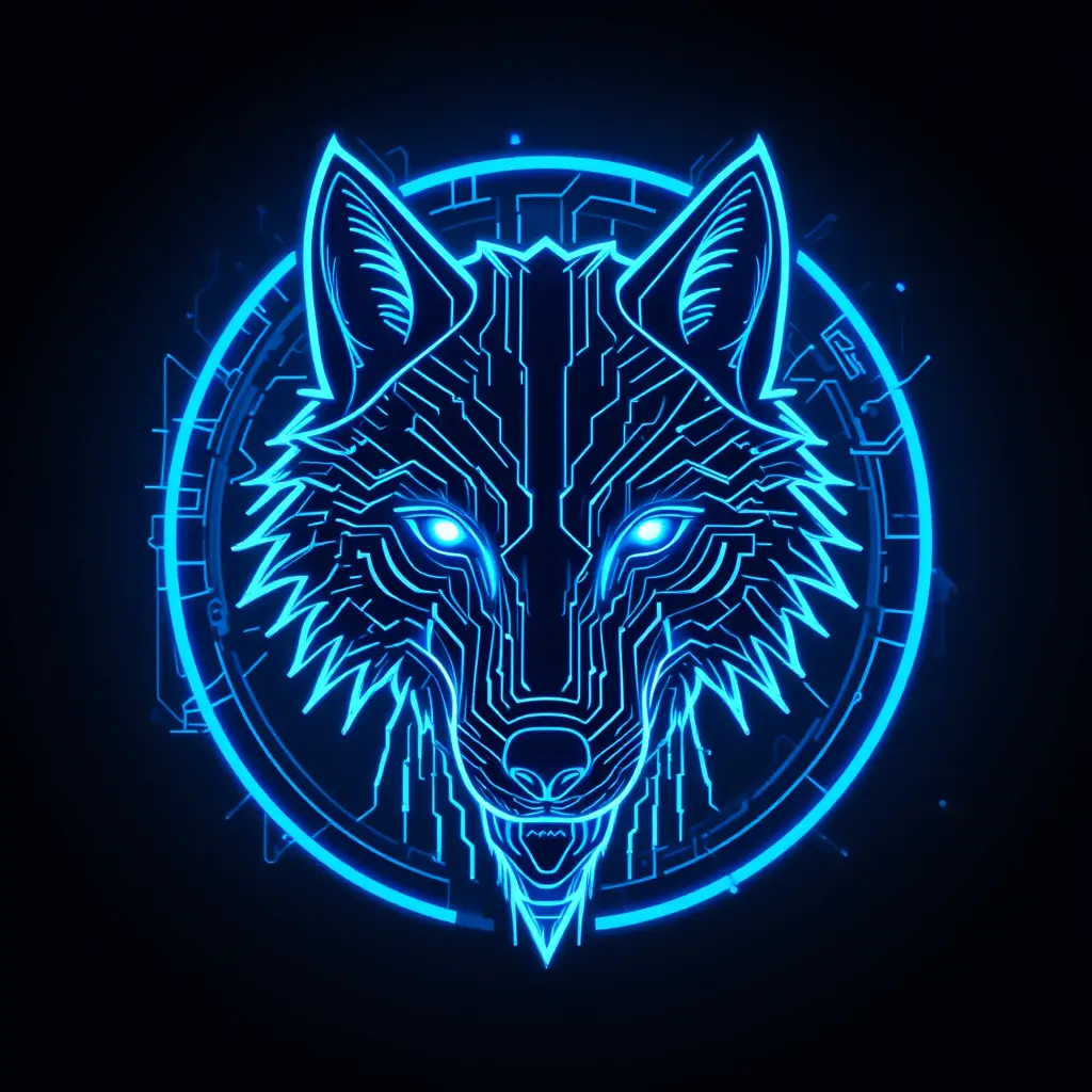 Glowing cyberpunk wolf circuit emblem on dark background