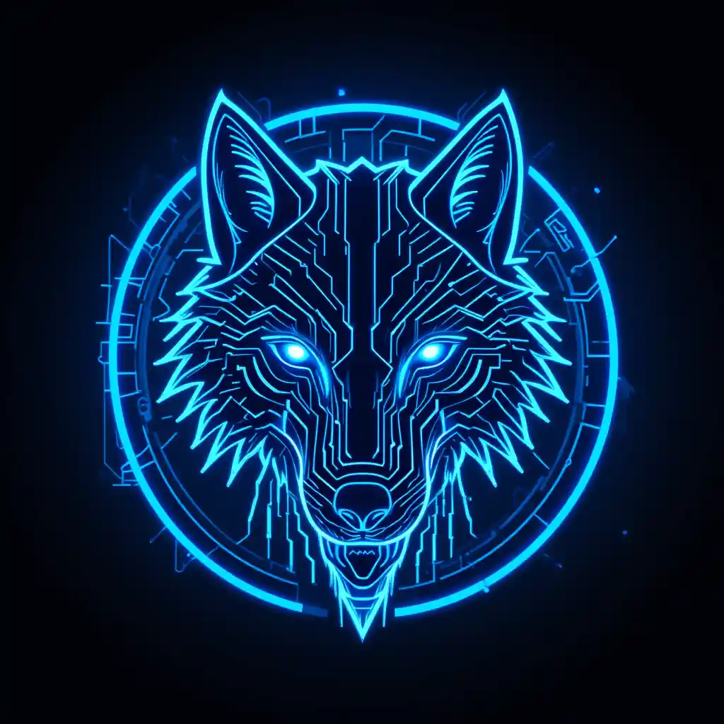 Leuchtendes Cyberpunk-Wolfs-Emblem mit Schaltkreis auf dunklem Hintergrund