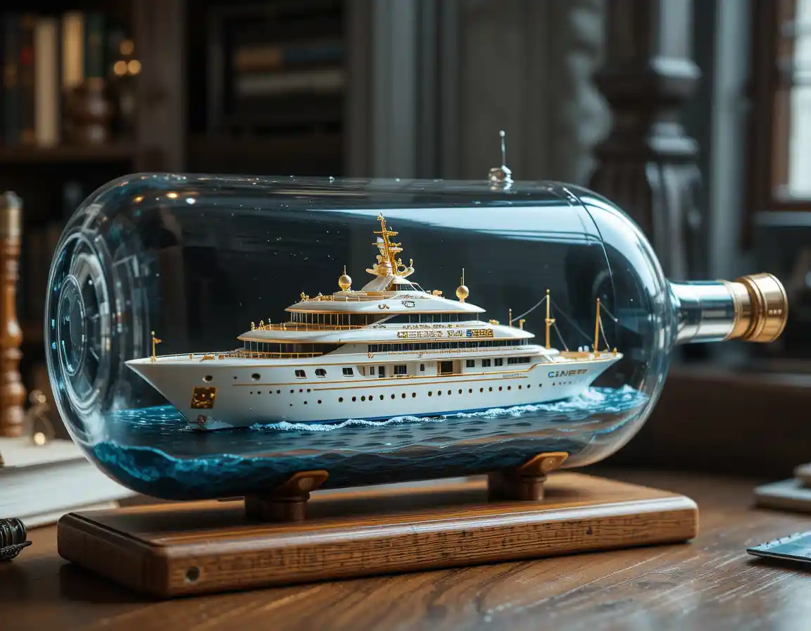 White and gold luxury yacht in a glass bottle