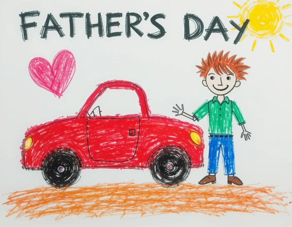 Child crayon drawing of dad beside a bright red car