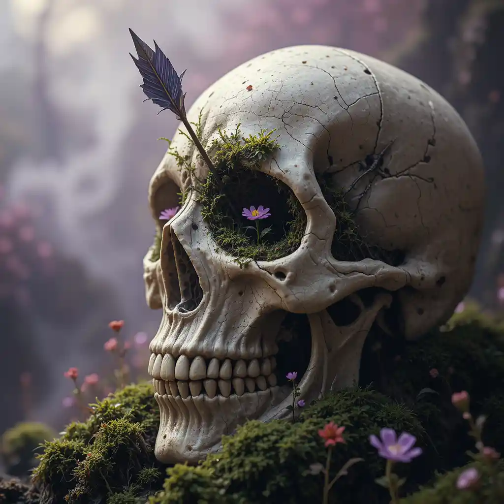 Arrow Piercing Skull With Wildflower In Mossy Haze