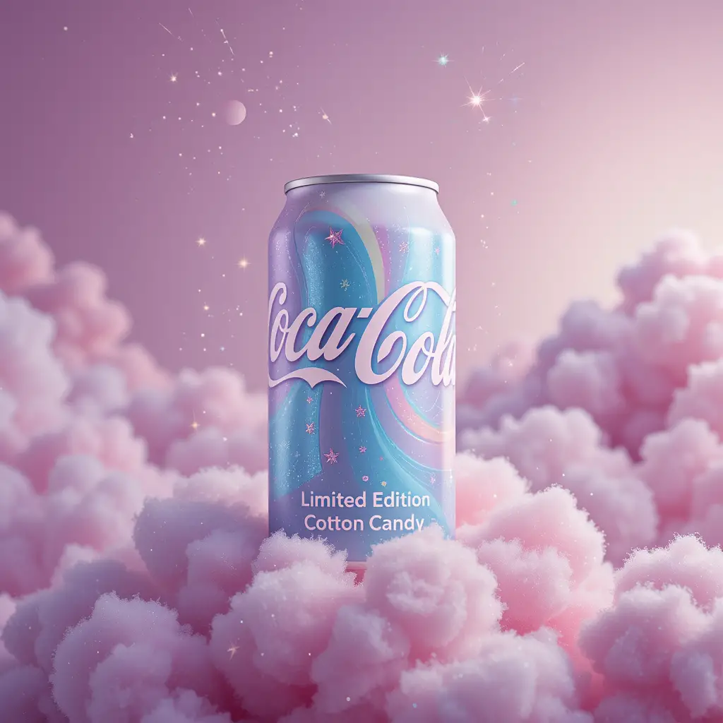 Cotton candy soda can on a fluffy pastel cloud