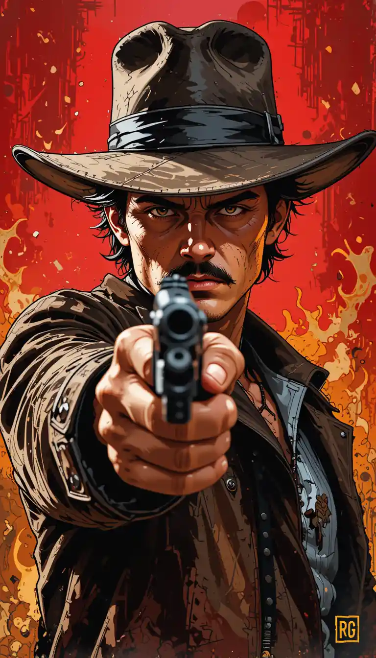 Young man aiming a gun in dramatic red artwork