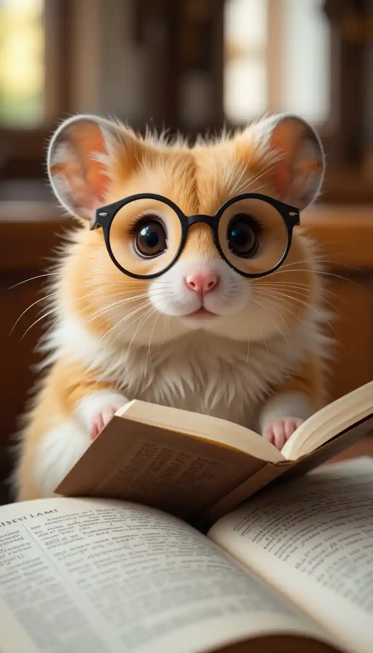 Cute hamster with glasses reading a bible in church