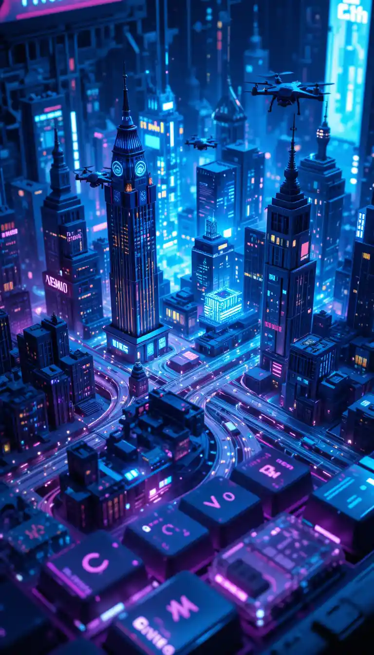 Futuristic Cyberpunk City Growing From Computer Keyboard