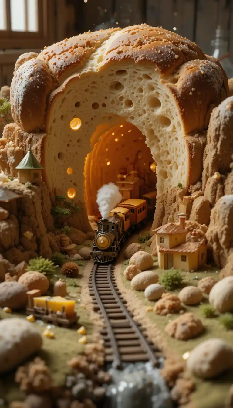 Tiny train town carved into a rustic loaf of bread