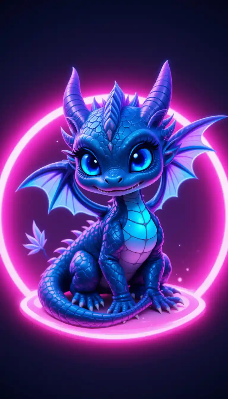 Cute neon dragon with glowing blue eyes and wings