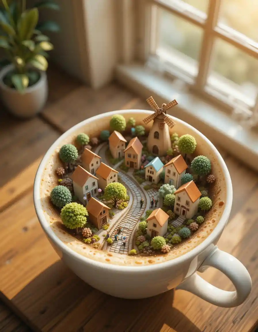Whimsical Miniature Village In A Coffee Cup