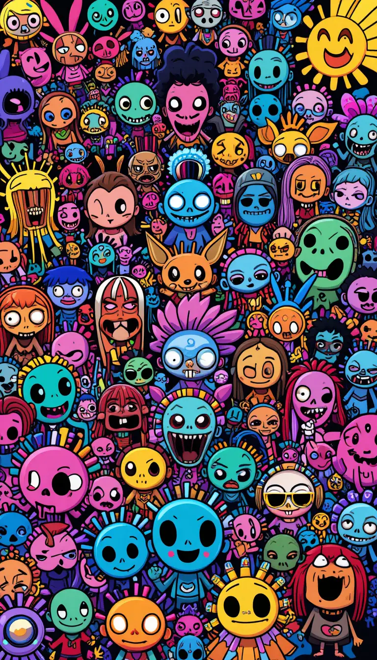 Colorful trippy digital drawing with playful cartoon characters