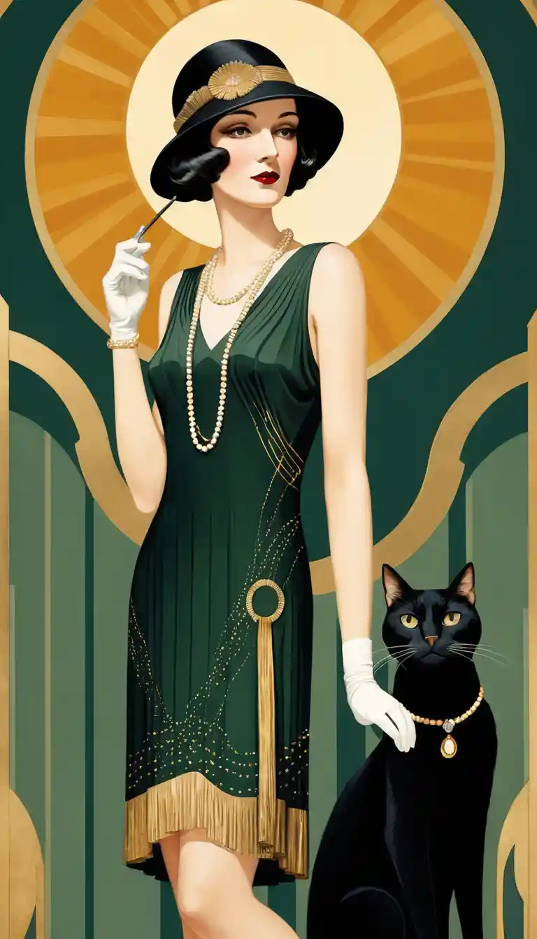 Art deco woman in flapper dress with black cat