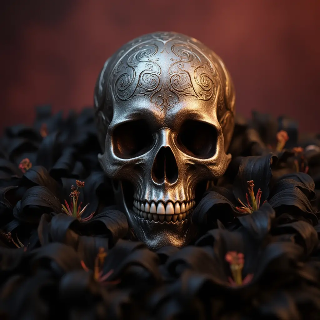Ornate rose skull surrounded by black lilies