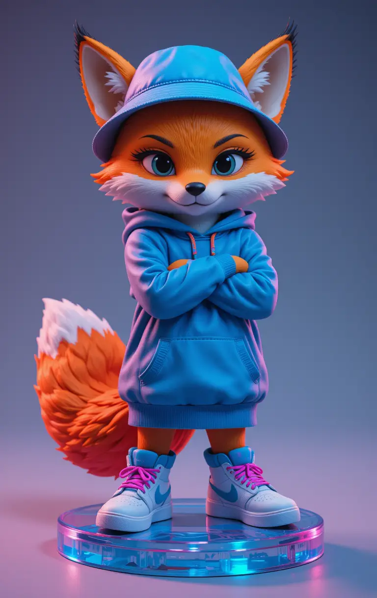 Figura in vinile di volpe antropomorfa con felpa blu e cappello