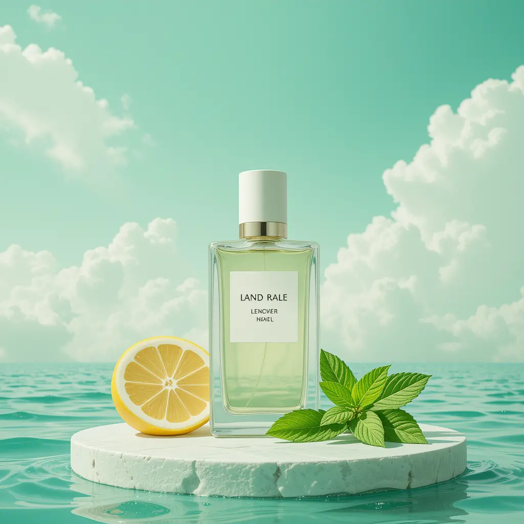 Minimal perfume bottle with lemon and mint on water platform