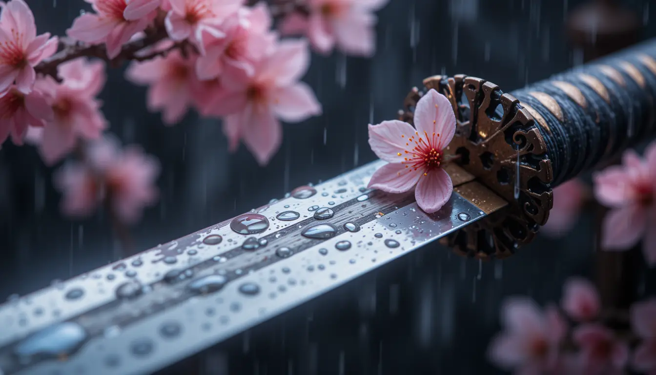 Katana Blade With Cherry Blossoms And Spring Raindrops