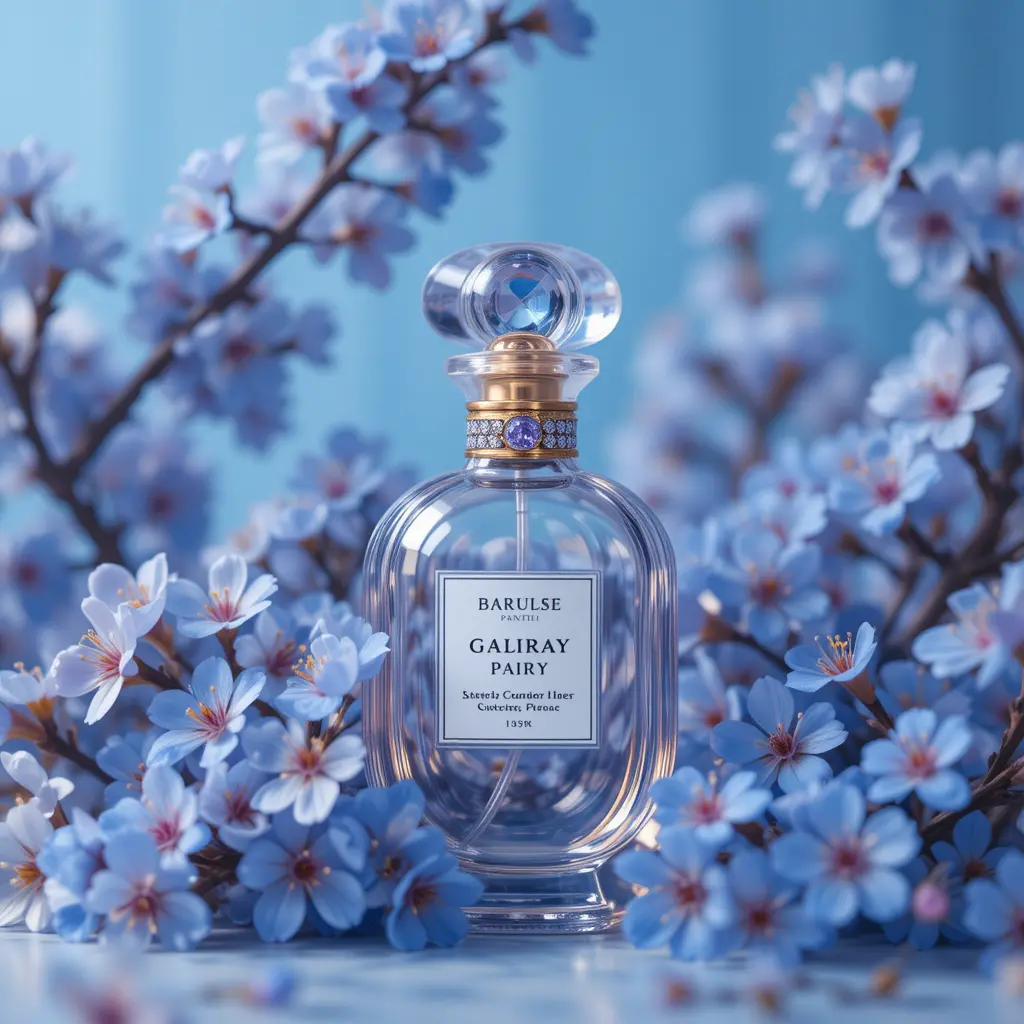 Glass perfume bottle with blue cherry blossoms close up