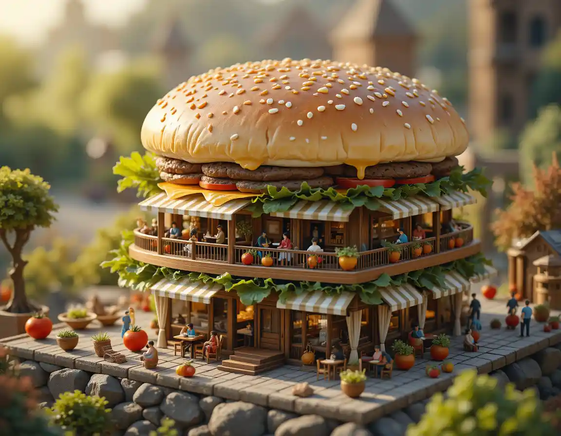 Miniature cafe world inside a towering cheeseburger