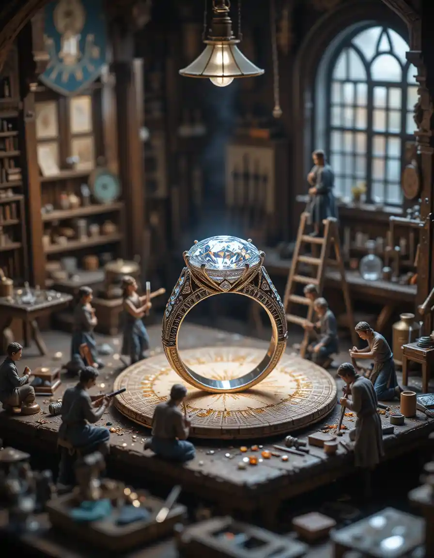 Miniature artisans crafting a diamond ring in a workshop