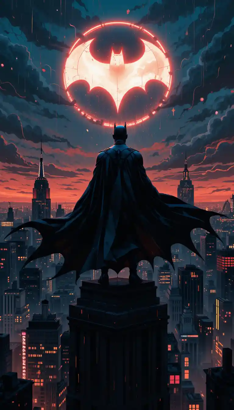 Masked vigilante overlooking a brooding gotham city skyline