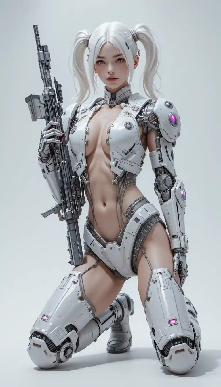 Armored white haired sci fi woman with sniper rifle