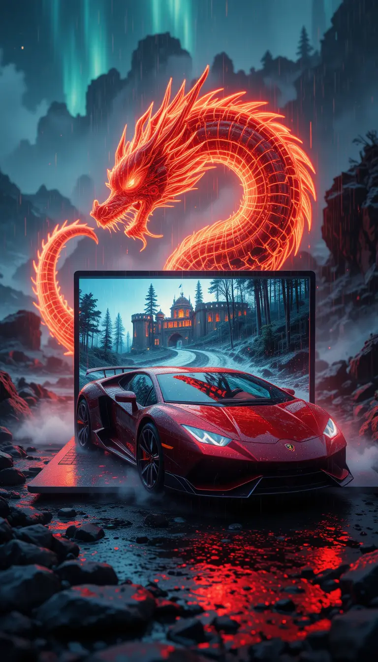 Futuristic sports car racing out of neon laptop screen