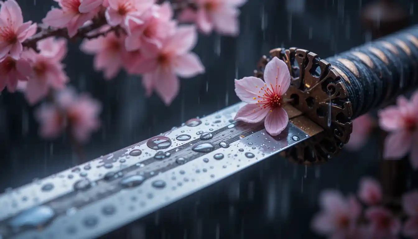 Katana Blade With Cherry Blossoms And Spring Raindrops