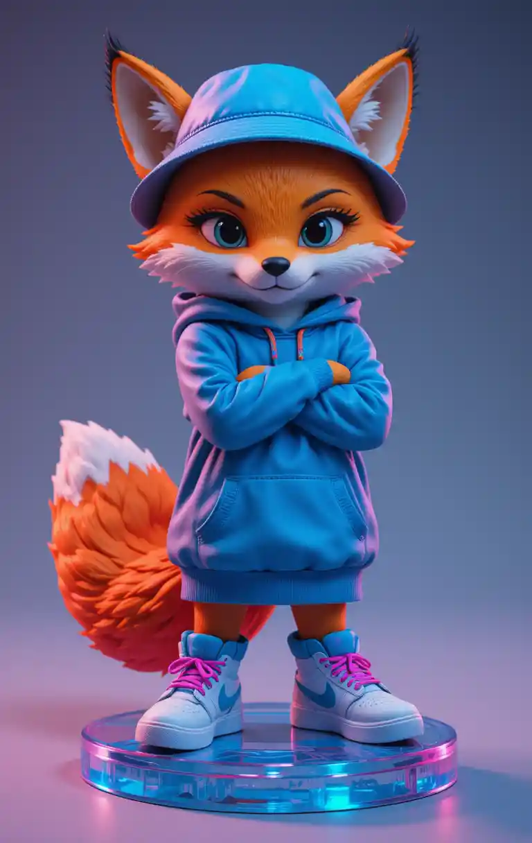 Anthropomorphe Fuchs-Vinylfigur mit blauem Hoodie und Mütze