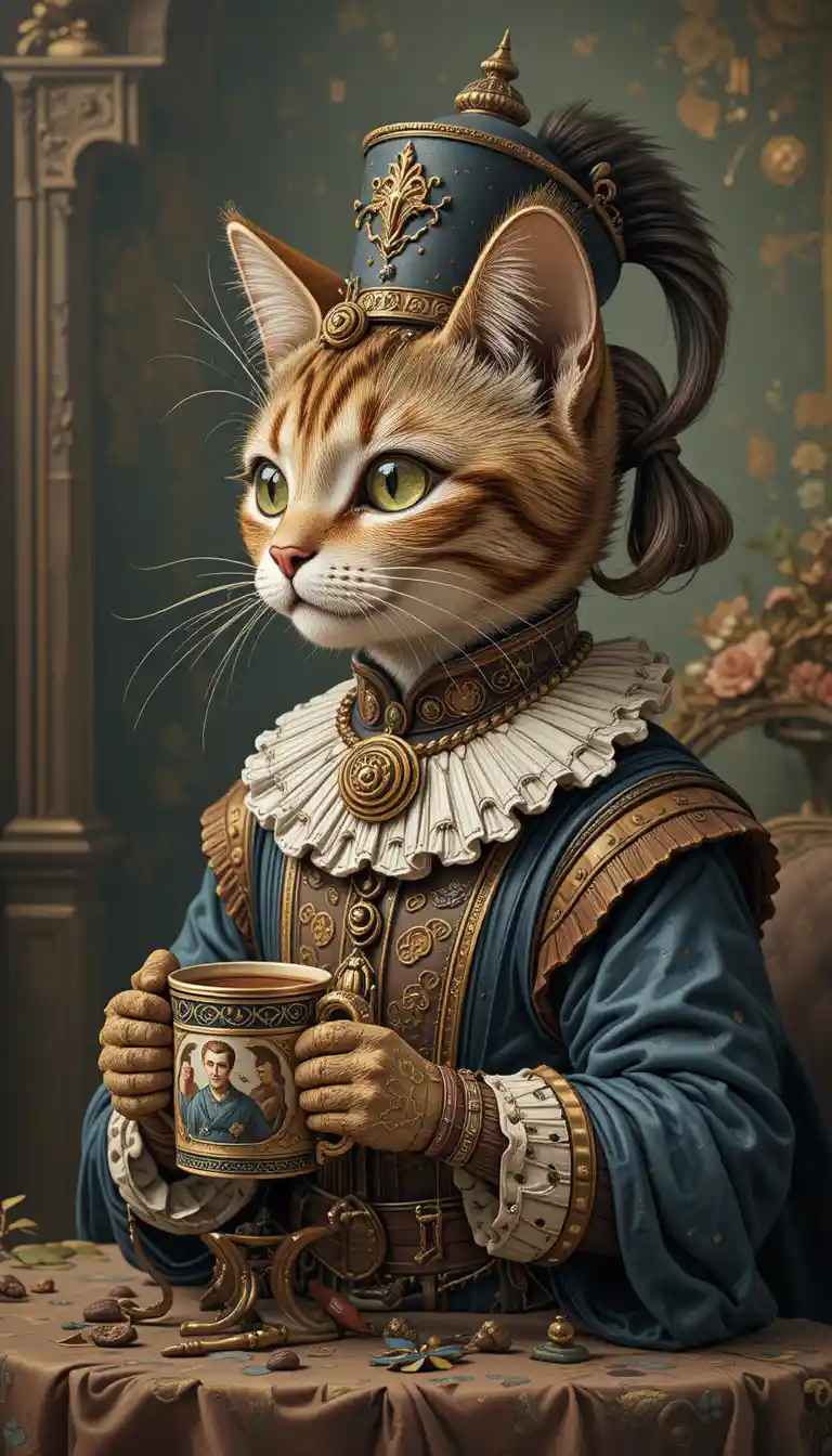 Renaissance cartoon cat holding a cup illustration