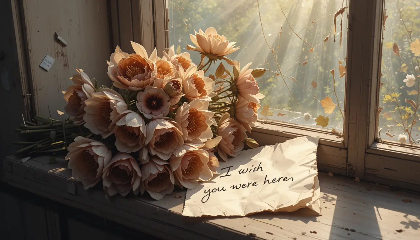Wilting flower bouquet on a sunlit dusty windowsill