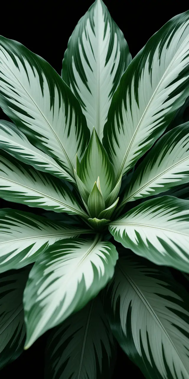 Close up tropical plant with striped glossy leaves