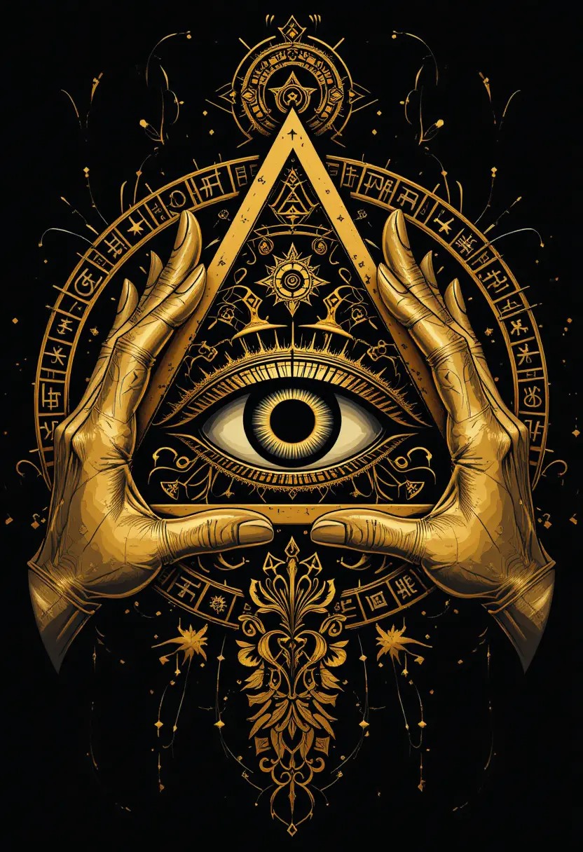 Golden all seeing eye with occult triangle hands design