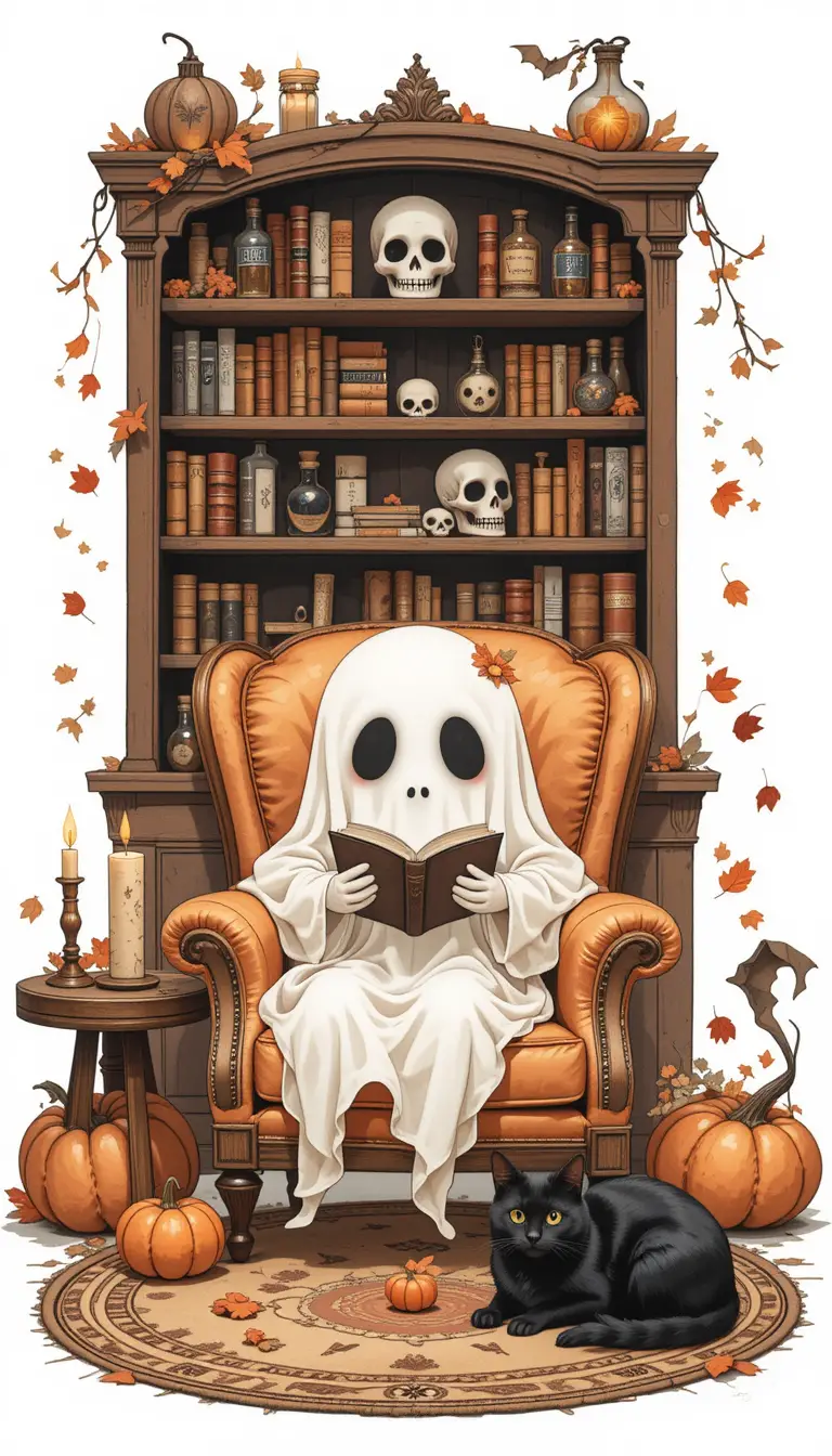 Cute ghost reading in a cozy vintage armchair scene