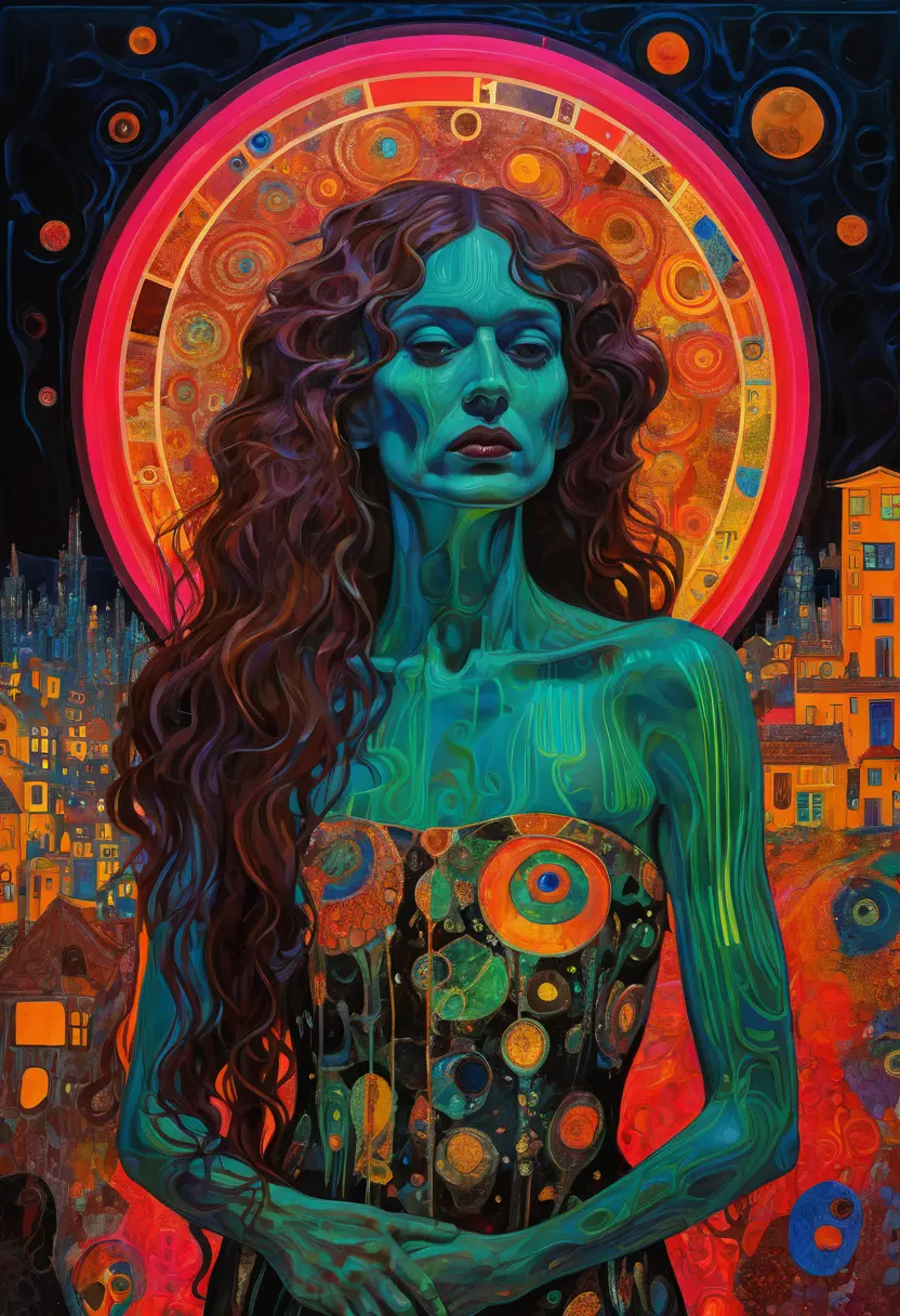 Psychedelic woman in neon double exposure night scene