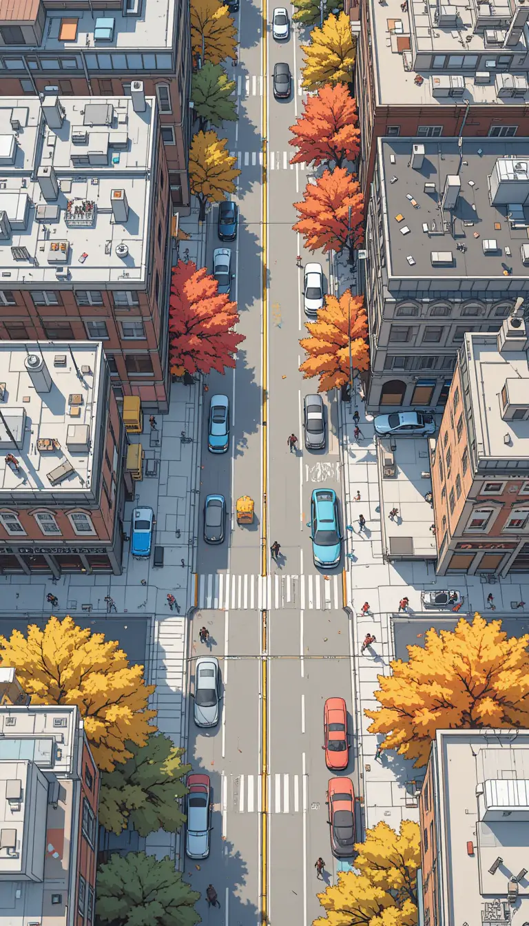 Autumn City Block From Above With Cars And Colorful Trees