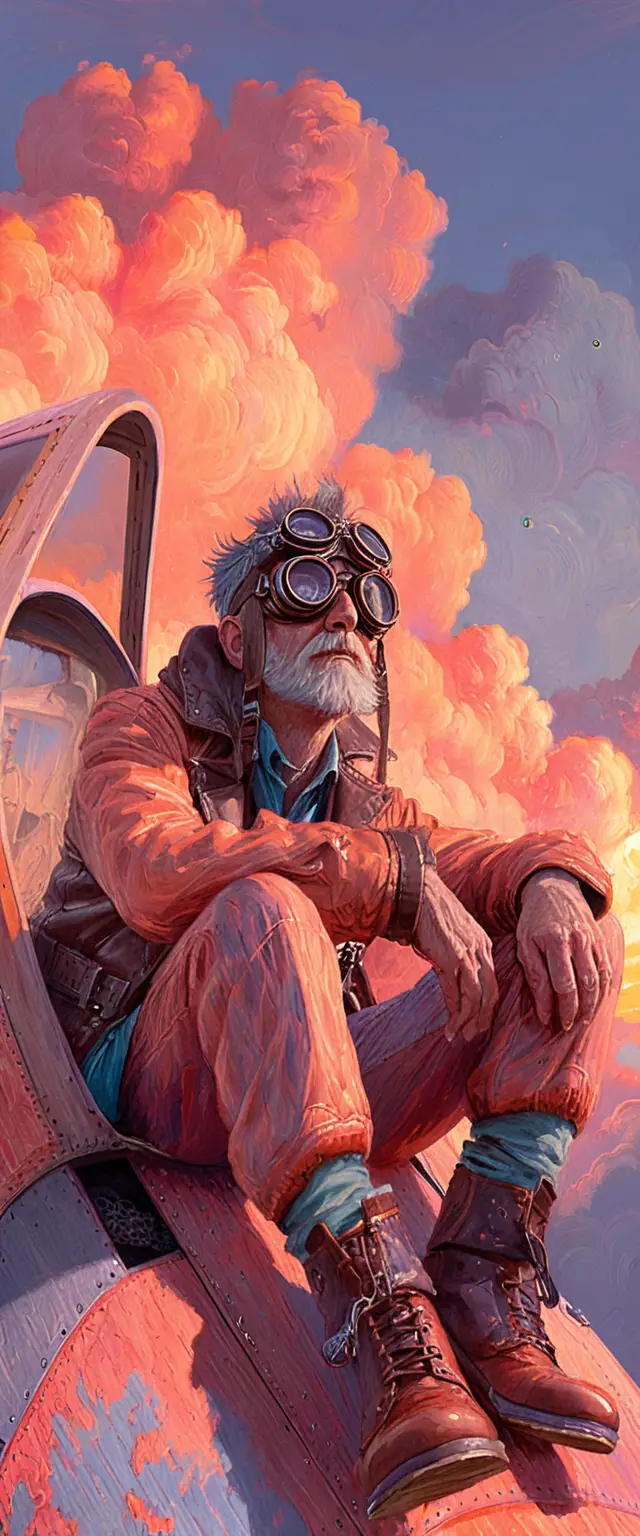 Surreal portrait of an old aviator in airplane cockpit