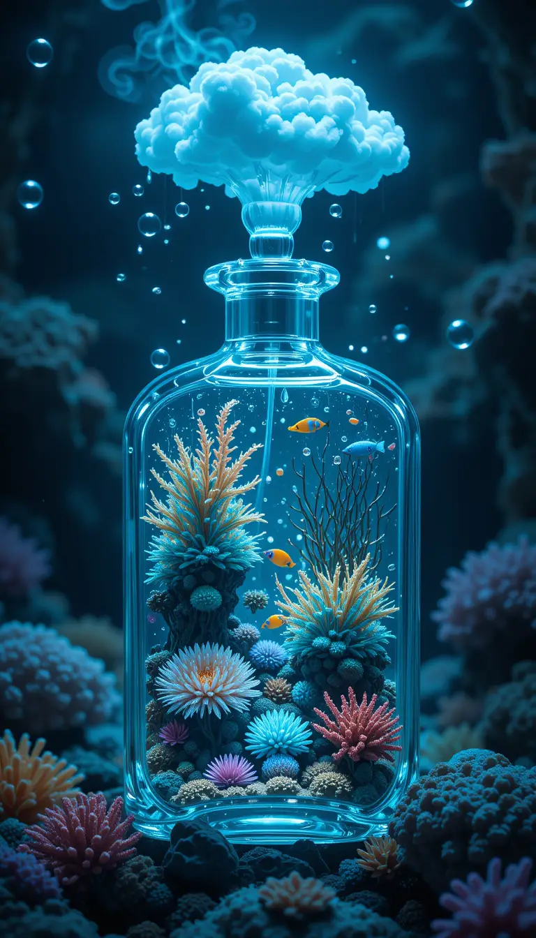 Surreal perfume bottle filled with glowing coral reef life