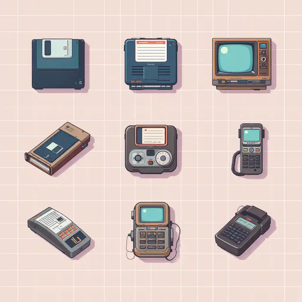 Retro tech vector icons with vintage electronic gadgets