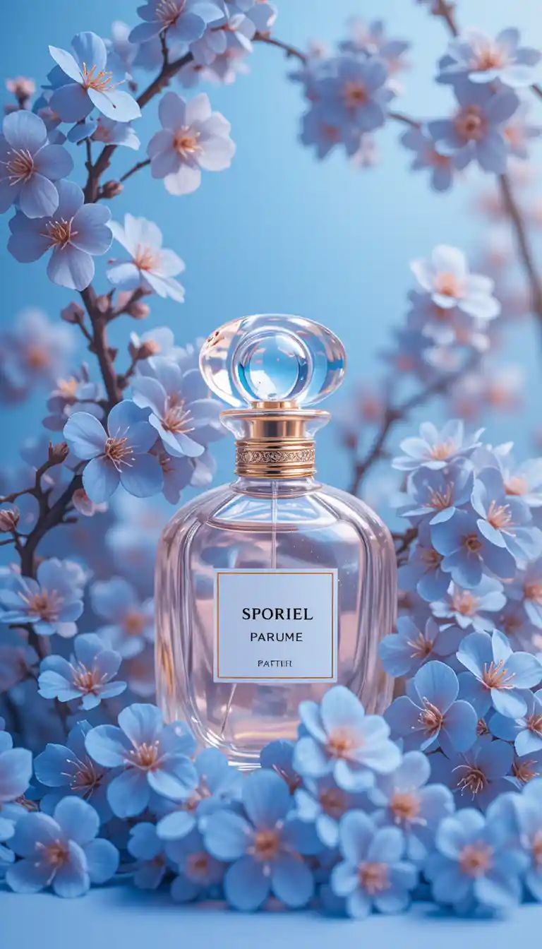 Glass perfume bottle with blue cherry blossoms close up