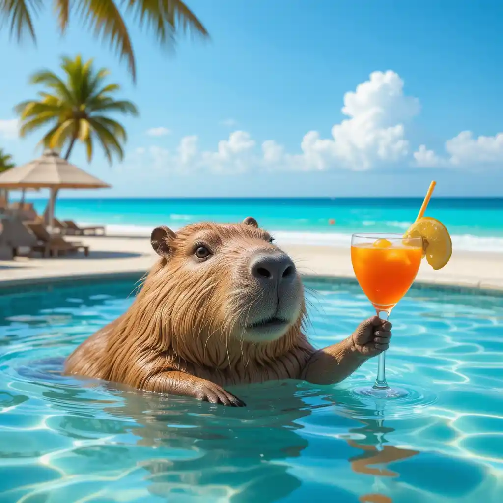Cute capybara relaxing in a beachside swimming pool