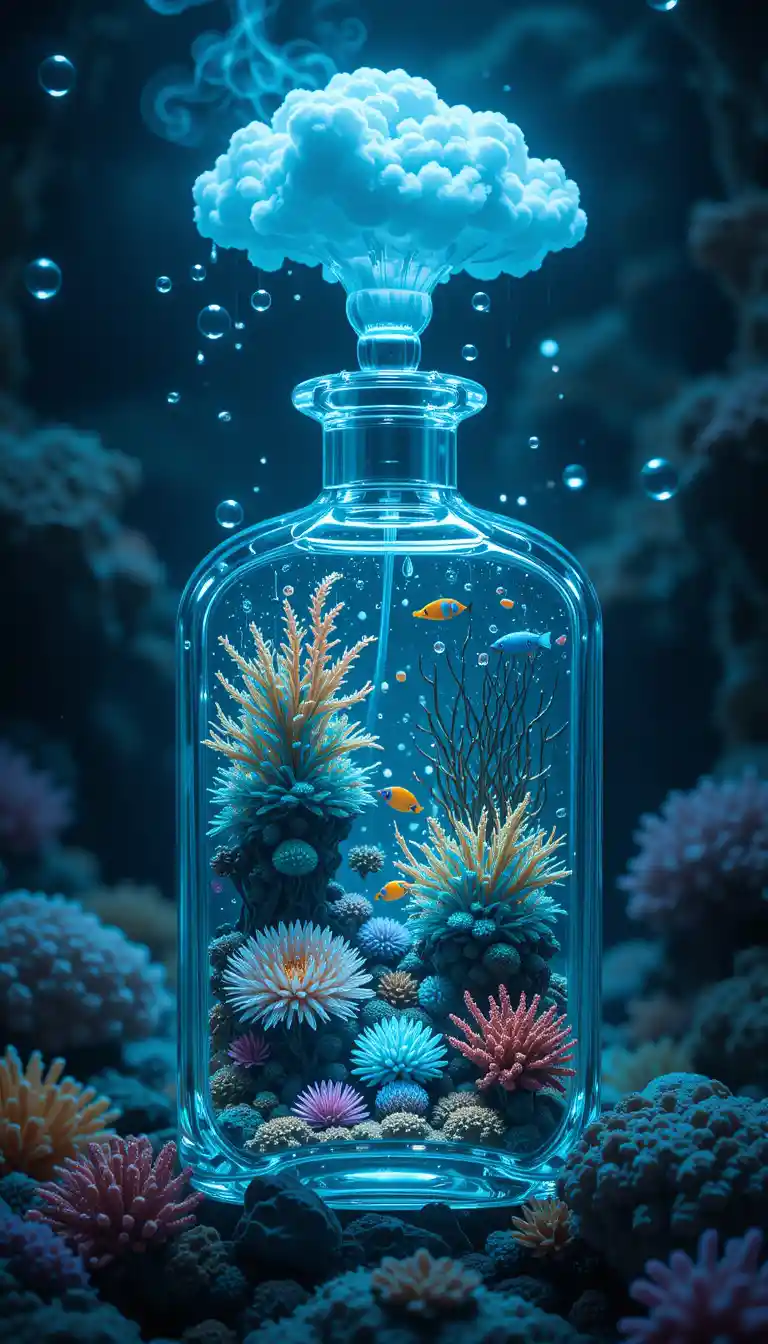 Surreal perfume bottle filled with glowing coral reef life
