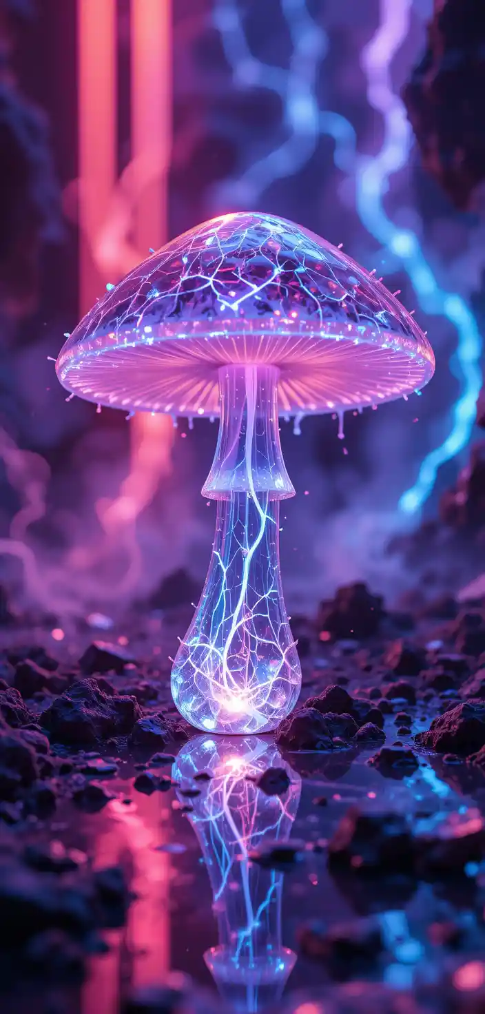 Bioluminescent Mushroom With Neon Energy In Fantasy Microworld