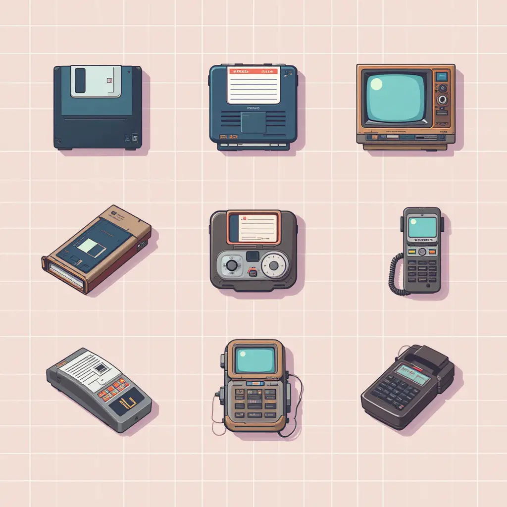 Retro tech vector icons with vintage electronic gadgets