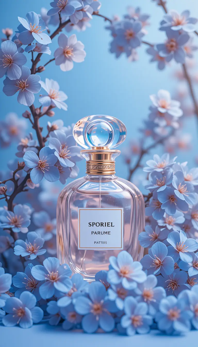 Glass perfume bottle with blue cherry blossoms close up