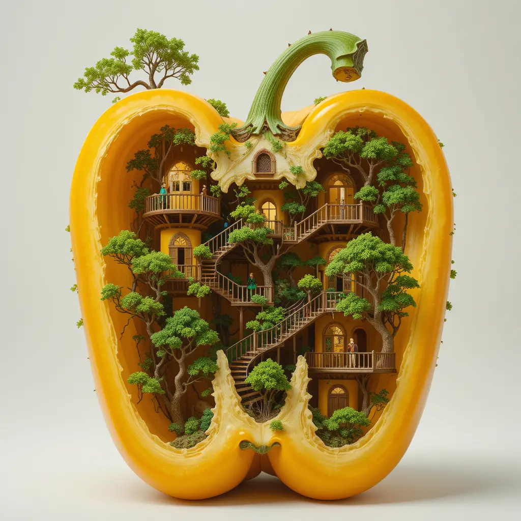 Fantasy treehouse inside a halved yellow bell pepper