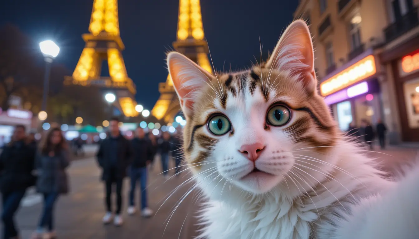 Green eyed cat selfie with Eiffel Tower at night