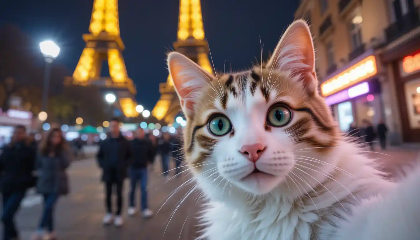 Green eyed cat selfie with Eiffel Tower at night