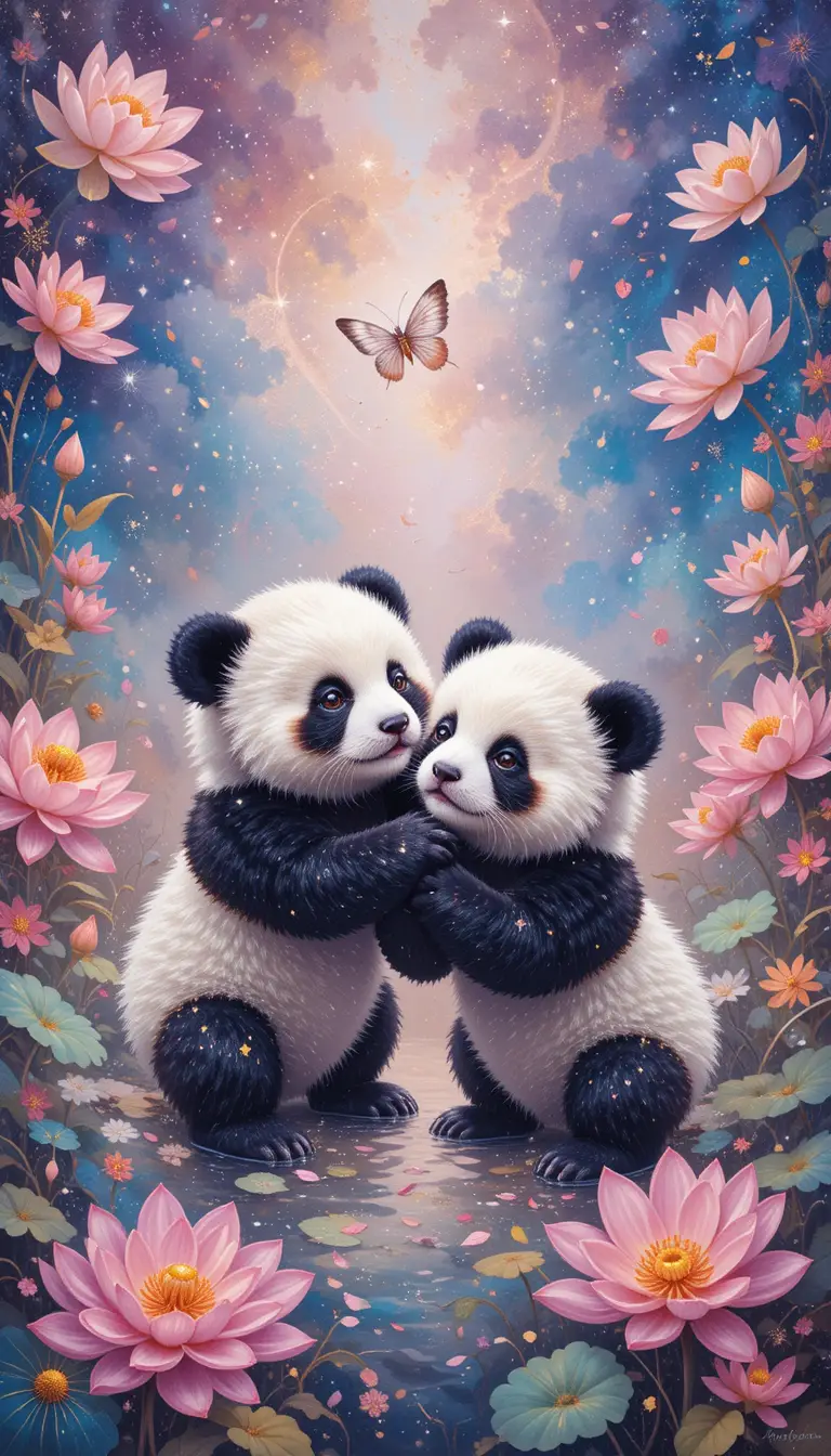 Adorable baby pandas in a dreamy fantasy flower painting