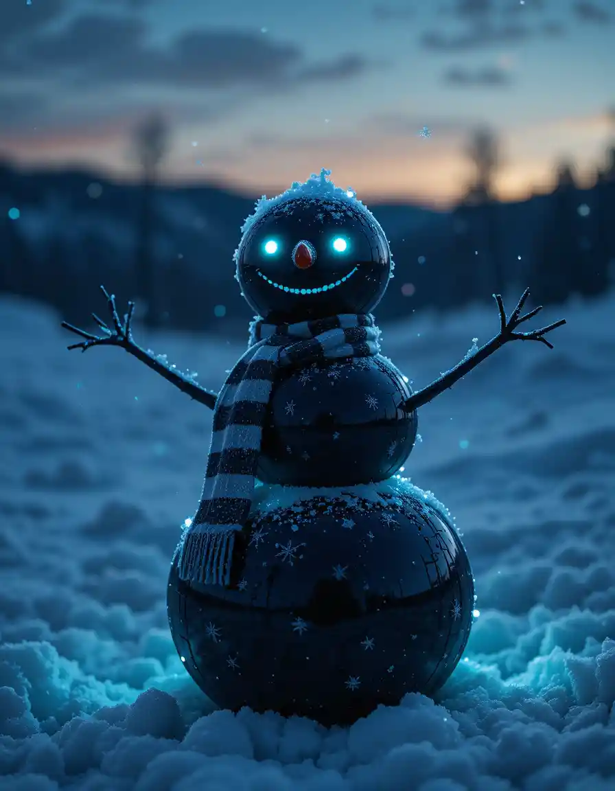 Magical black snowman glowing under a twilight sky